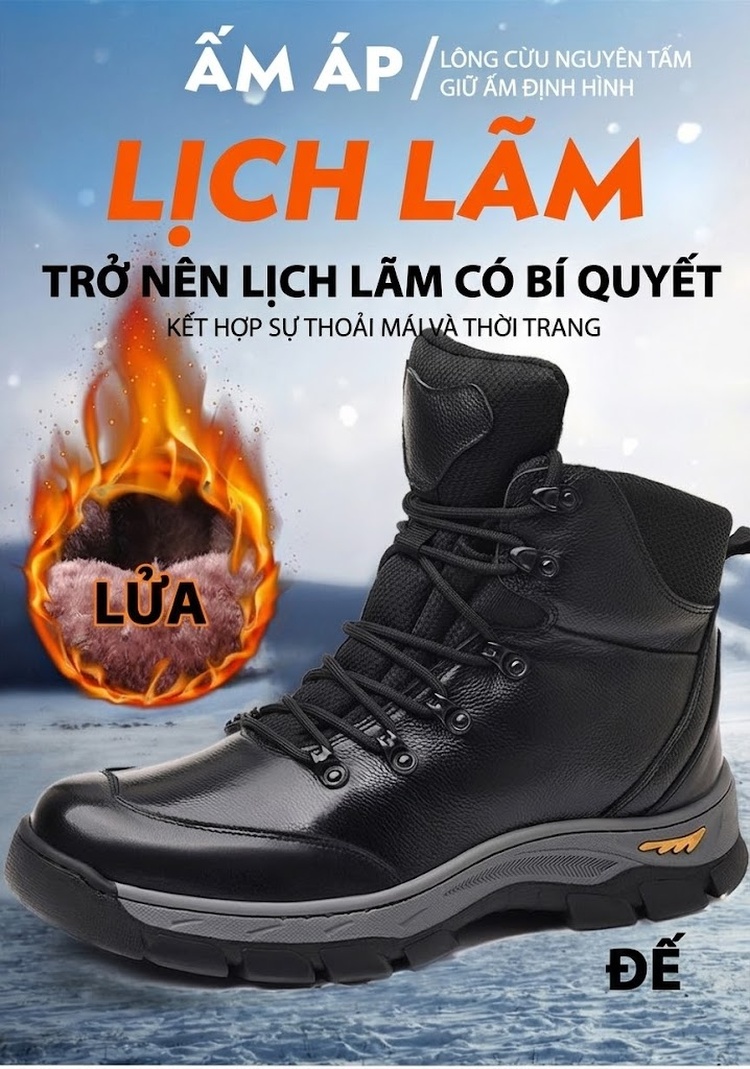 Giày Cao Cổ Nam Da Bò Lót Lông Giữ Ấm Chiều Cao Đế Khoảng 4cm Màu Đen chi tiết 1