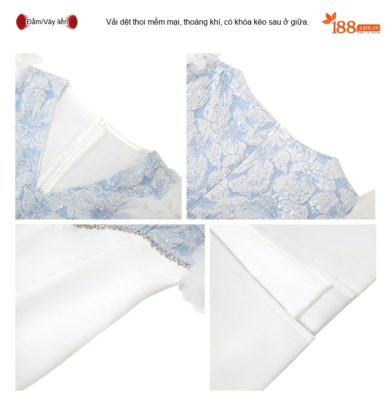 Váy Dạ Hội Nữ Cổ chữ V Đính Đá Lấp Lánh, Tay Bồng, Xẻ Tà Màu Trắng chi tiết 4