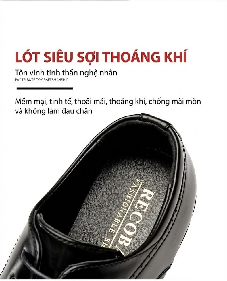 Giày Tây Buộc Dây Nam Da Bóng Brogue Chiều Cao Đế Khoảng 3cm Màu Đen, Nâu chi tiết 7