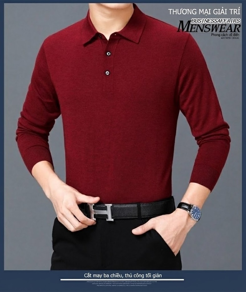 Áo Thun Polo Nam Dài Tay Cashmere Dáng Ôm Vừa Vặn Màu Đen, Đỏ, Xanh Dương, Xám... chi tiết 11