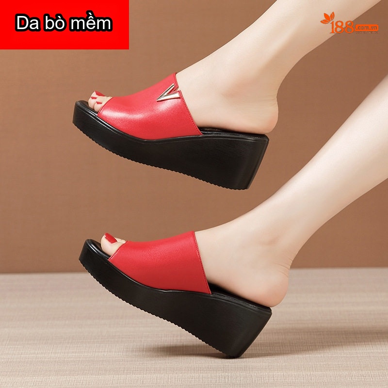 Dép Quai Ngang Nữ Da Bò Đế Xuồng Chiều Cao Đế Khoảng 6cm Màu Đỏ, Đen