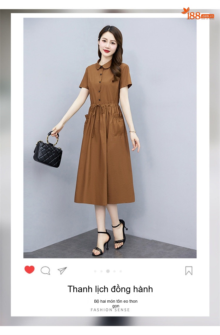 Váy Polo Nữ dáng chữ A Chiết Eo Thanh Lịch Màu Đỏ, Nâu, Xanh Navy, Xanh Lá chi tiết 3