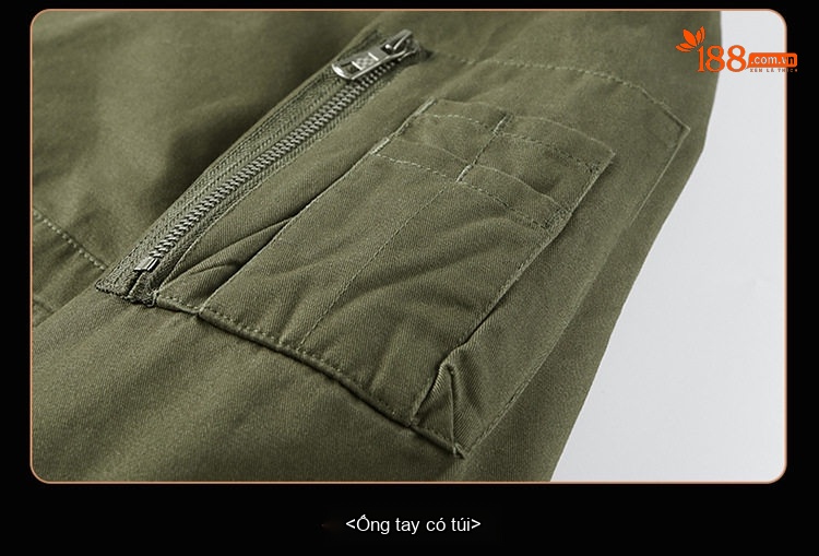 Áo Khoác Bomber Nam Cotton Giặt Nước Nhiều Túi Dáng Rộng Màu Đen, Xanh Olive, Nâu Vàng chi tiết 12