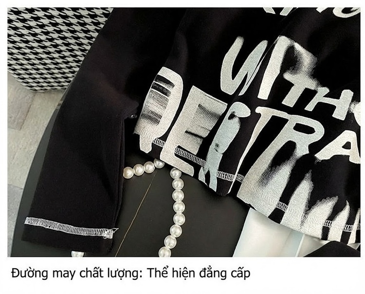 Set Bộ Nữ Áo Thun Tay Dài Quần Ống Rộng Cotton Phong Cách Casual Màu Đen, Trắng chi tiết 8
