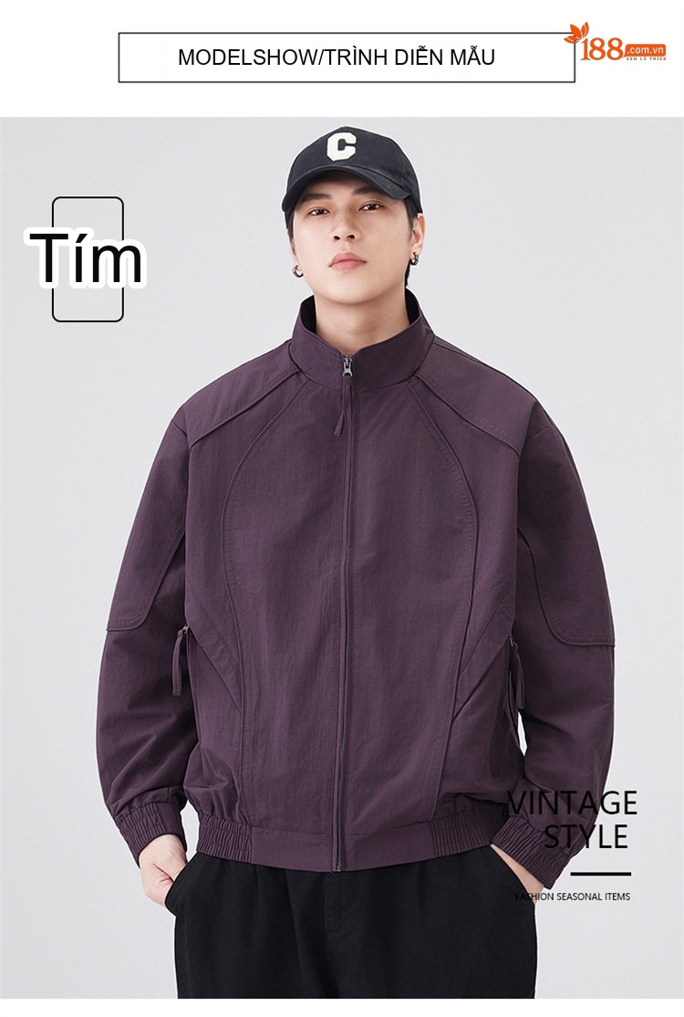 Áo Khoác Bomber Nam Cổ Trụ Dáng Rộng Phong Cách Mỹ Màu Đen, Tím chi tiết 8