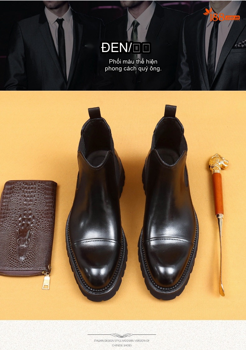 Boot Chelsea Nam Da Bò Cao Cổ Mũi Nhọn Chiều Cao Đế Khoảng 4cm Màu Đen, Nâu chi tiết 3