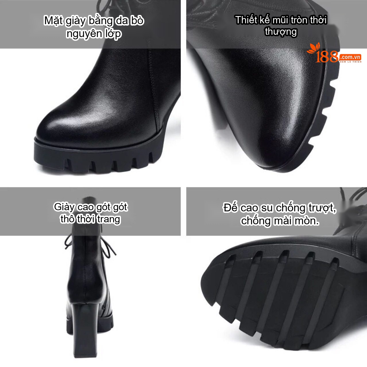 Boot Nữ Da Bò Cổ Ngắn Buộc Dây Chiều Cao Đế Khoảng 7cm Màu Đen
