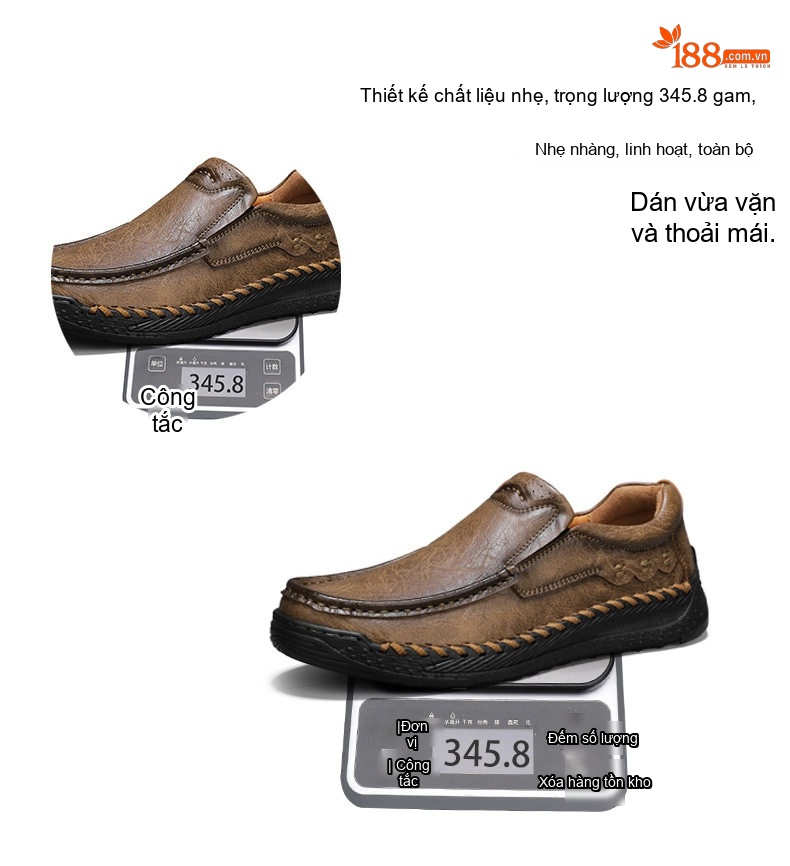 Giày Lười Nam Da Thật Size Lớn Thoải Mái Ngoài Trời Chiều Cao Đế Khoảng 3cm Màu Nâu, Đen chi tiết 8