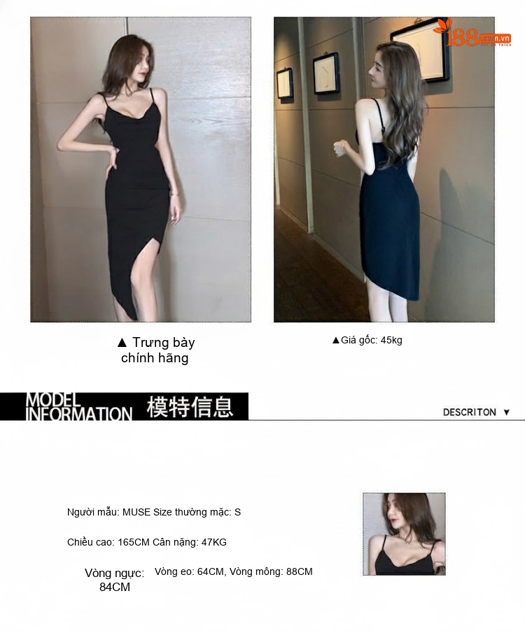 Váy Hai Dây Cổ chữ V, Ôm Eo, Hở Lưng, Xẻ Tà Bất Đối Xứng, Dáng Chuẩn Màu Đen chi tiết 2