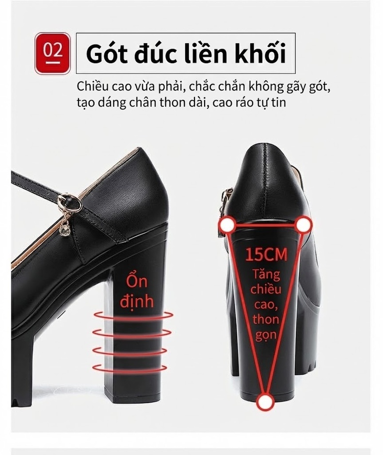 Giày Cao Gót Nữ Quai Ngang Đế Dày 15cm Da Bóng Màu Đen, Trắng, Đỏ, Bạc... chi tiết 6