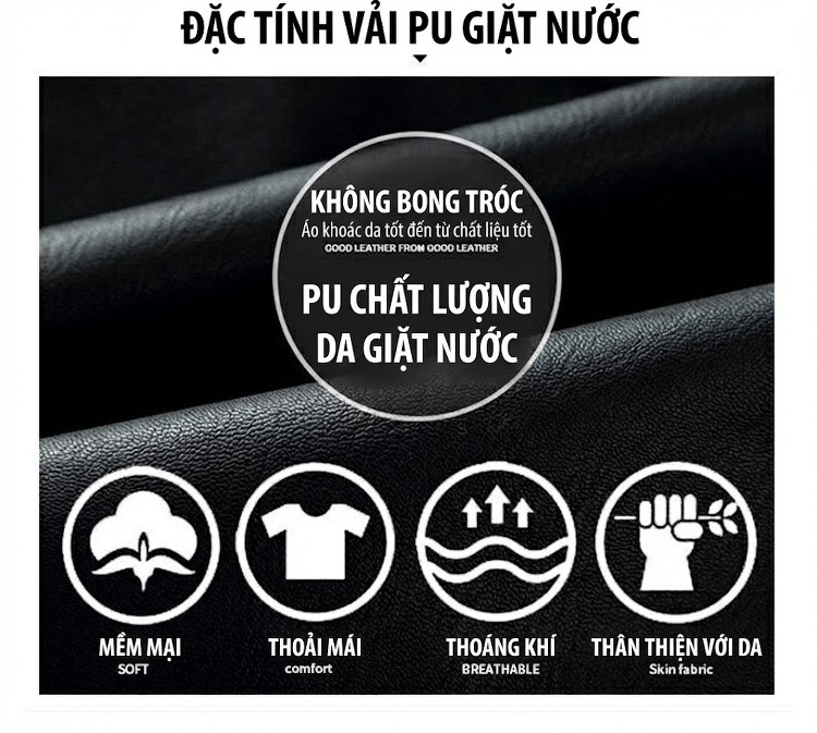 Áo Khoác Da PU Nam Dáng Ôm Cổ Trụ Khóa Zip Phong Cách Motor Màu Đen, Xanh Navy chi tiết 3