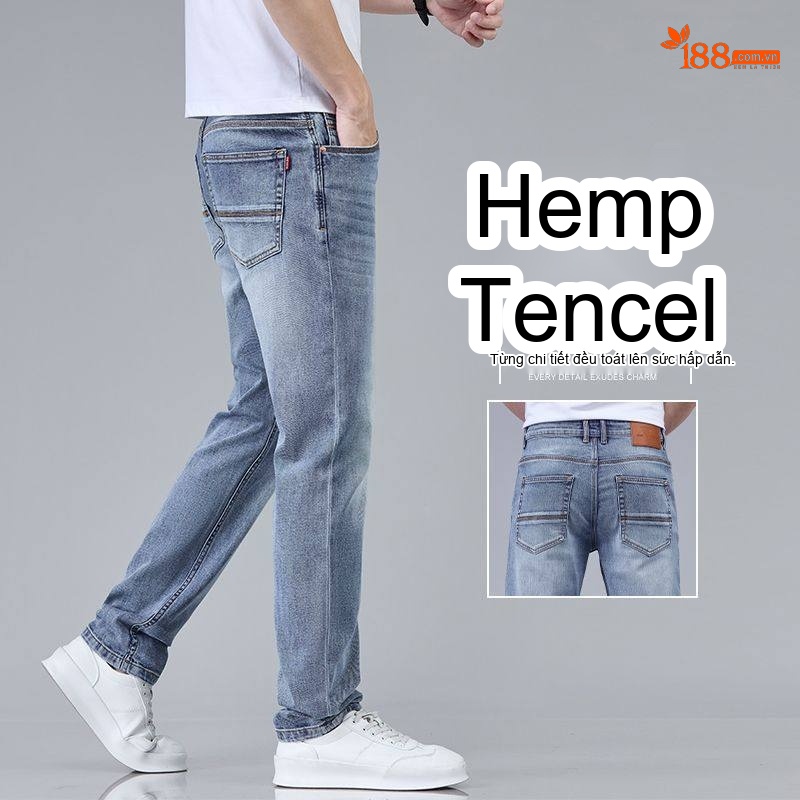Quần Jean Nam Ống Đứng Lụa Lyocell Gai Dáng Suông Dài 9 Tấc Màu Xanh Lam, Đen