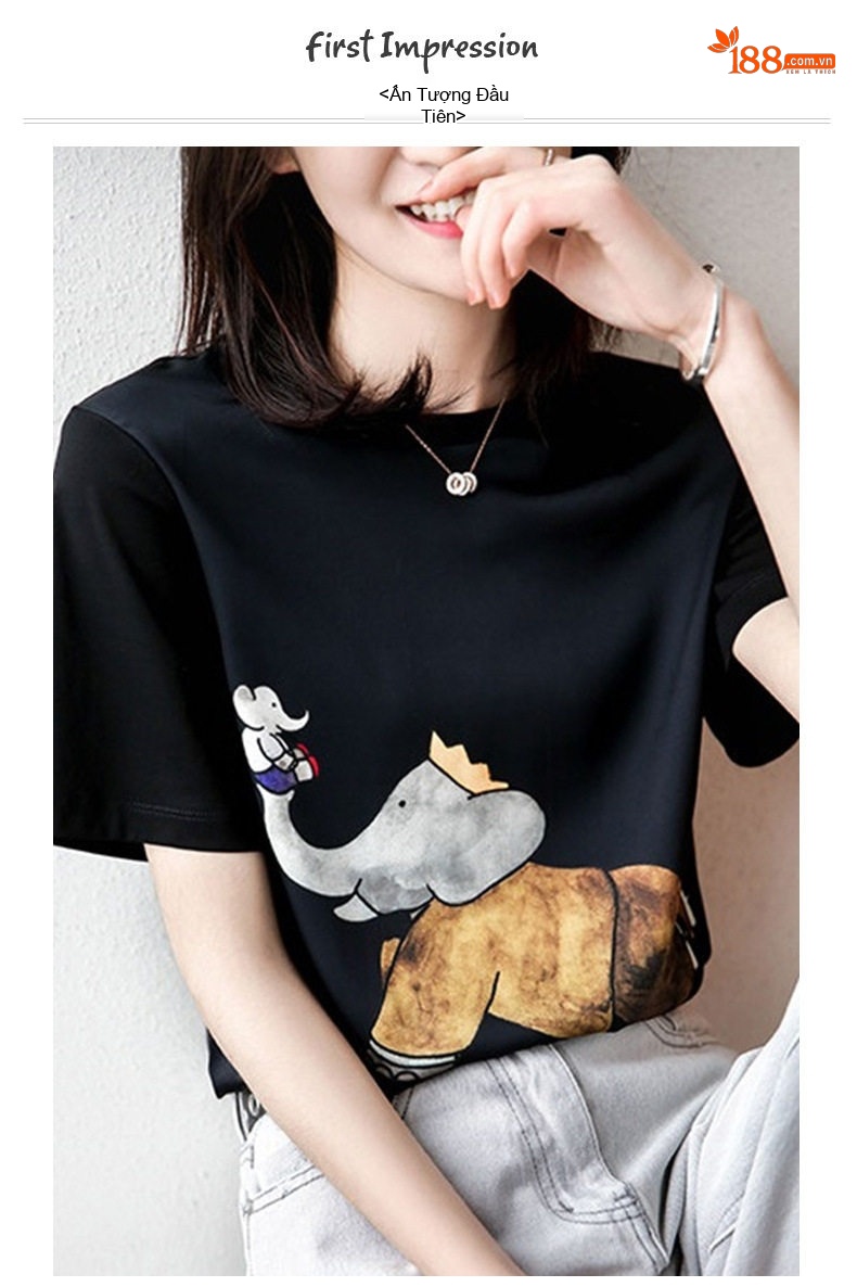 Áo Thun Nữ Cổ Tròn Tay Ngắn Họa Tiết Hoạt Hình Phong Cách Trẻ Trung Màu Trắng, Đen chi tiết 1