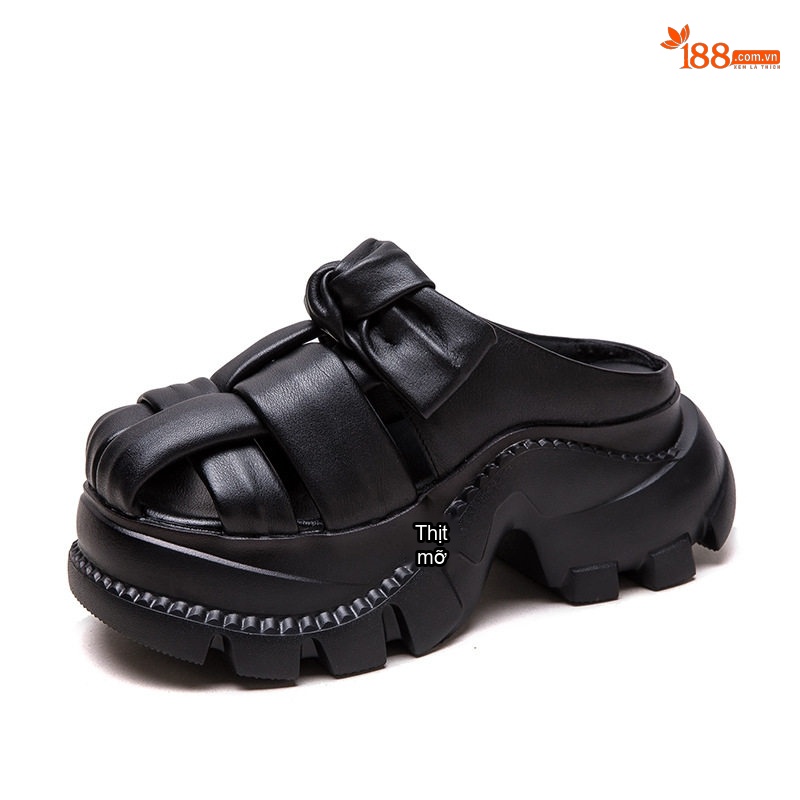 Dép Sandal Nữ Quai Dệt Da Bò Đế Cao 4cm - 5cm Màu Nâu, Xám, Xanh, Đen
