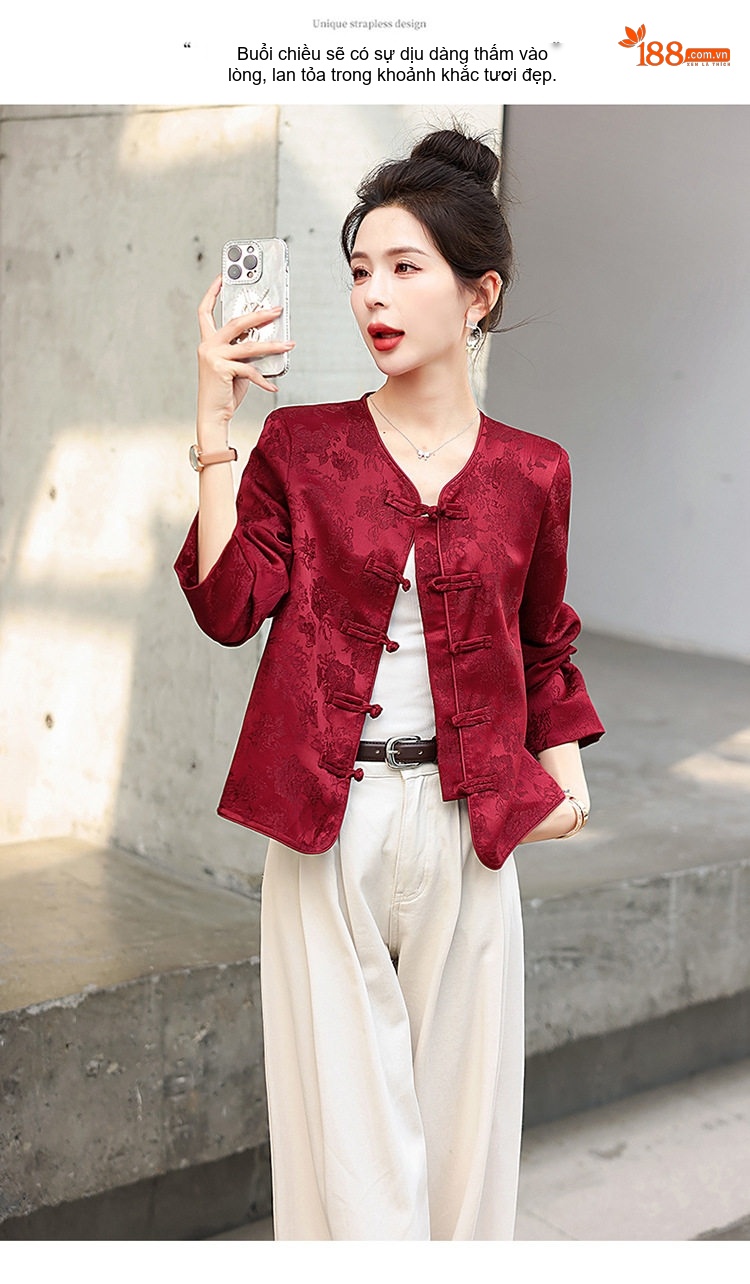 Áo Khoác Lửng Nữ Họa Tiết Jacquard Phong Cách Trung Hoa Cổ Điển Màu Đỏ, Đen chi tiết 17