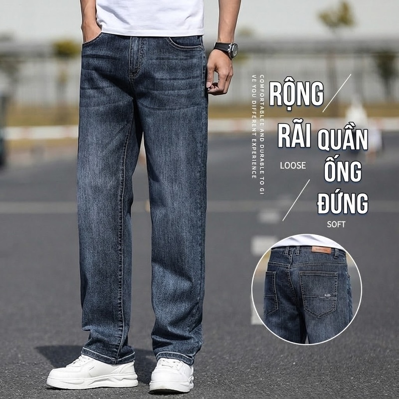 Quần Jean Dáng Suông Nam Co Giãn Thoải Mái Kiểu Dáng Trung Niên Màu Xanh Đậm, Xanh Nhạt