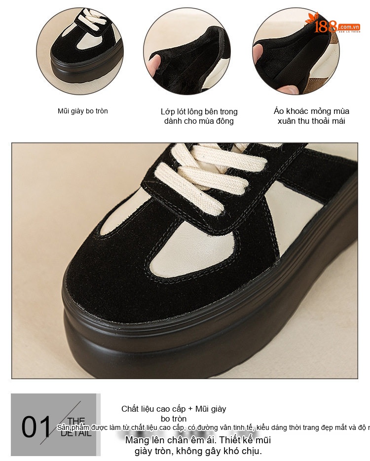 Giày Thể Thao Nữ Đế Xuồng Chiều Cao Đế Khoảng 6cm Phối Màu Phong Cách Đức Màu Trắng, Nâu, Đen chi tiết 7