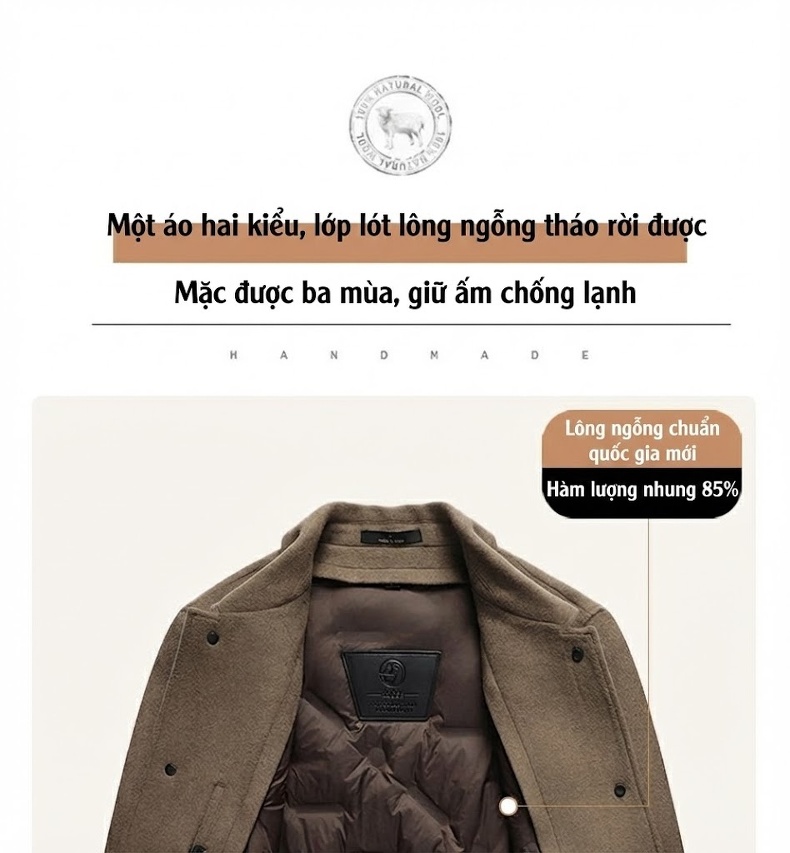 Áo Khoác Nam Lót Lông Vũ Dáng Cổ Bẻ Chất Liệu Dệt Hai Mặt Màu Nâu, Đen chi tiết 9