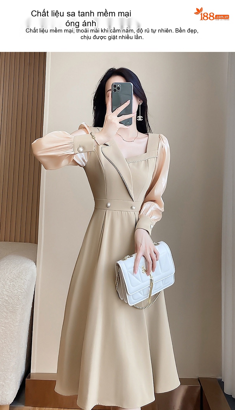 Váy Liền Thân Nữ Tay Dài Phong Cách Pháp Thanh Lịch Màu Be chi tiết 4