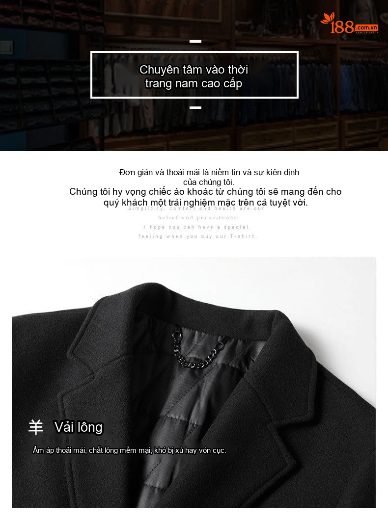 Áo Khoác Dạ Nam Dáng Dài Vừa Lót Bông Lông Cừu Áo Khoác Gió Thanh Niên Phong Cách Doanh Nhân Màu Đen chi tiết 4