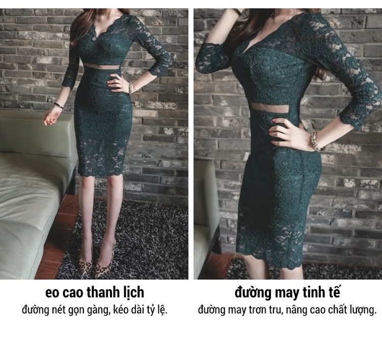 Váy Ôm Body Nữ Ren Tay Dài Cổ chữ V Trễ Vai Thanh Lịch Màu Xanh Đen chi tiết 18