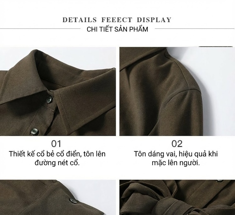Váy Sơ Mi Dáng Dài Nữ Thu Đông Hàn Quốc, Dáng Ôm, Tay Dài Màu Xanh Rêu chi tiết 4