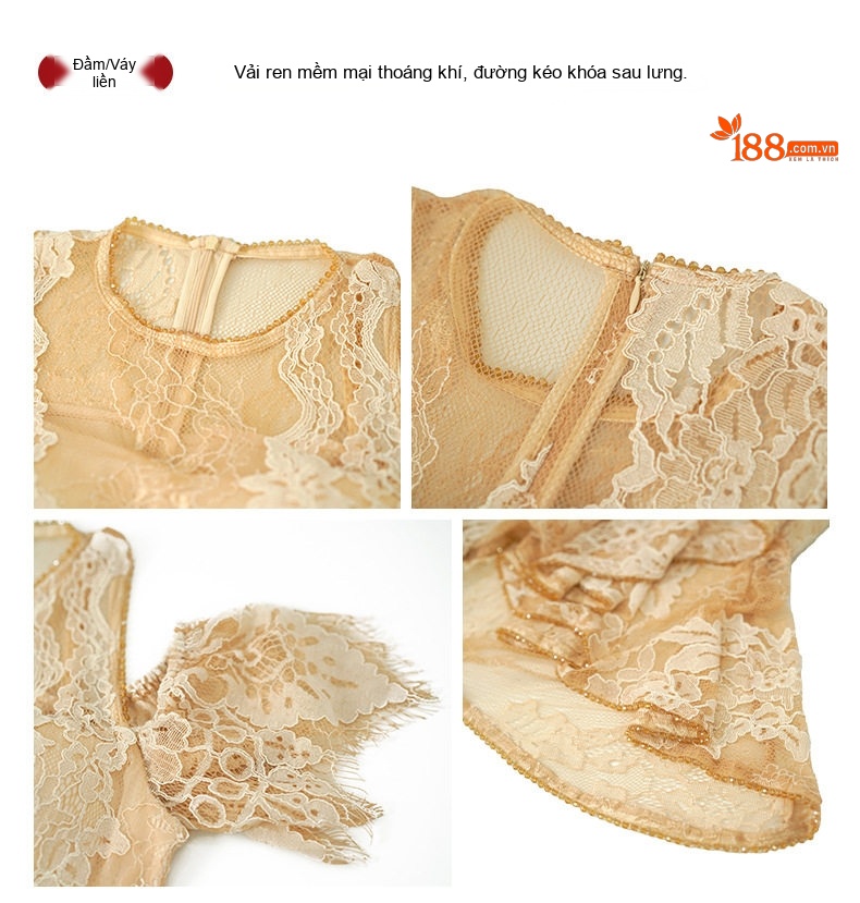Váy Ôm Body Nữ Cổ Tròn Tay Lỡ Đính Hạt Cườm Ren Đuôi Cá Màu Kem, Đen chi tiết 5