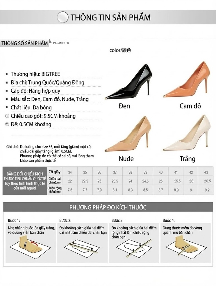 Giày Cao Gót Nữ Da Bóng Mũi Nhọn Chiều Cao Đế Khoảng 8cm Màu Nude, Cam, Kem, Đen... chi tiết 1