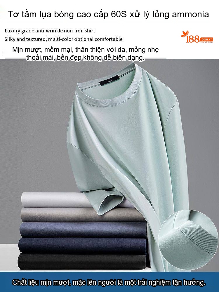 Áo Thun Dài Tay Nam Lụa Tằm Tự Nhiên Mỏng Mát Màu Trắng, Xám, Xanh, Đen