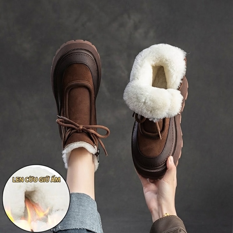 Boot Nữ Da Mờ Lông Cừu Non Mùa Đông Ấm Áp Chiều Cao Đế Khoảng 6cm Màu Nâu