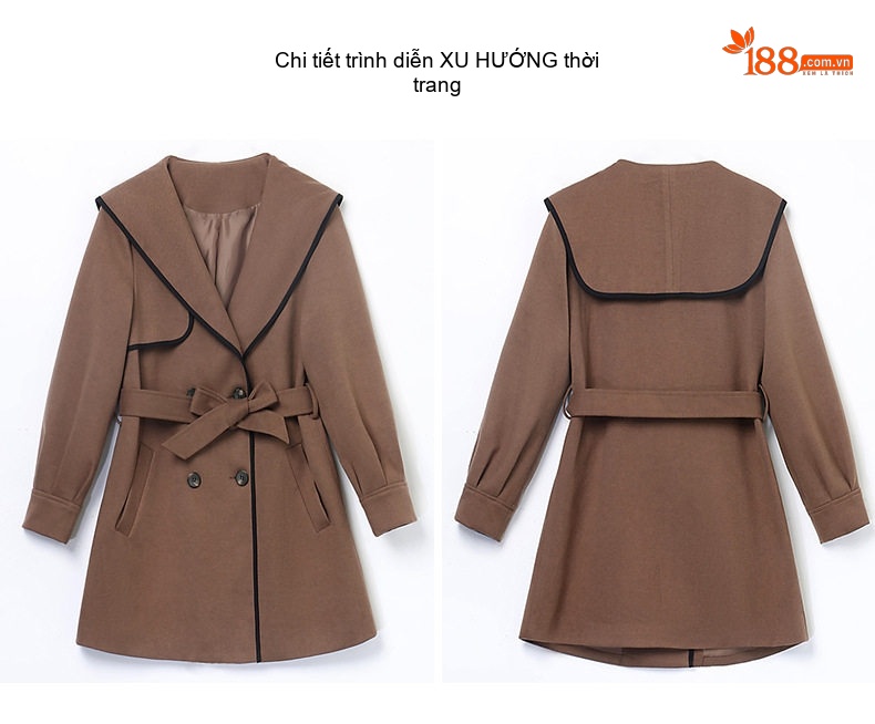 Áo Khoác Dạ Nữ Cổ Hải Quân Dáng Dài Vừa Phong Cách Hepburn Màu Kem, Nâu chi tiết 19
