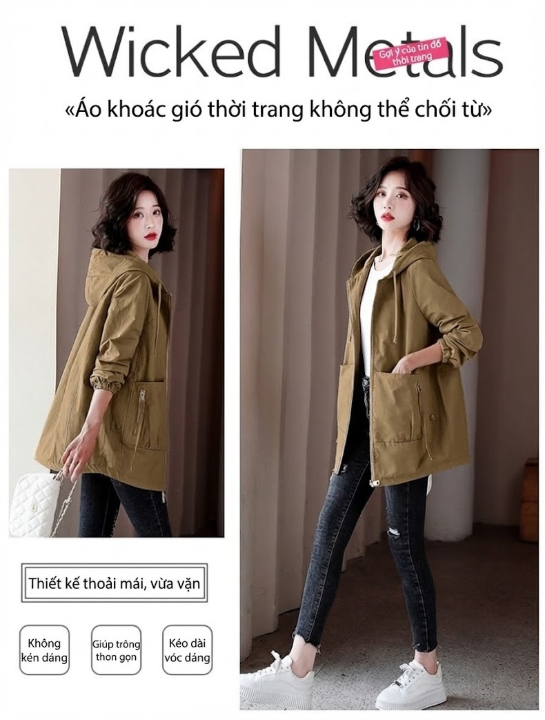 Áo Khoác Gió Nữ Dáng Dài Vừa Vải Cotton Form Rộng Hàn Quốc Có Mũ Trùm Đầu Màu Be, Nâu chi tiết 3