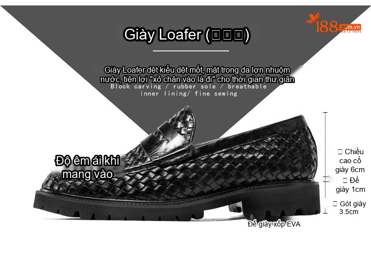 Giày Lười Nam Da Bò Dệt Chiều Cao Đế Khoảng 3cm Màu Đen, Nâu chi tiết 2