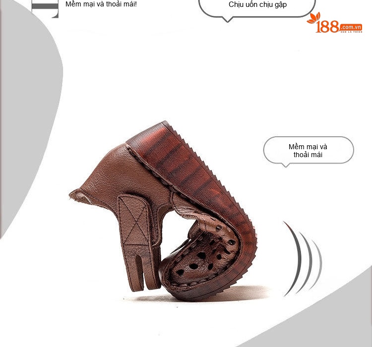 Dép Sandal Nữ Da Bò Quai Dán Hở Ngón Đế Xuồng Thoáng Khí Đế Cao 5cm - 6cm Màu Nâu, Kem chi tiết 2