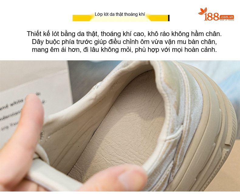 Giày Thể Thao Nữ Da Bò Đế Bằng Chiều Cao Đế Khoảng 4cm Màu Trắng, Be chi tiết 7
