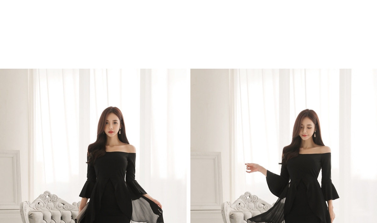 Đầm Ôm Body Nữ Hở Vai Tay Loe Xẻ Tà Vải Tuyết Mưa Màu Đen chi tiết 4