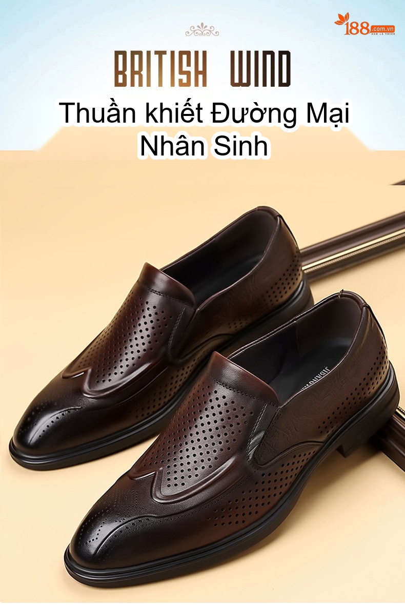 Giày Lười Nam Da Bò Đục Lỗ Thoáng Khí Chiều Cao Đế Khoảng 2cm Màu Đen, Nâu chi tiết 1