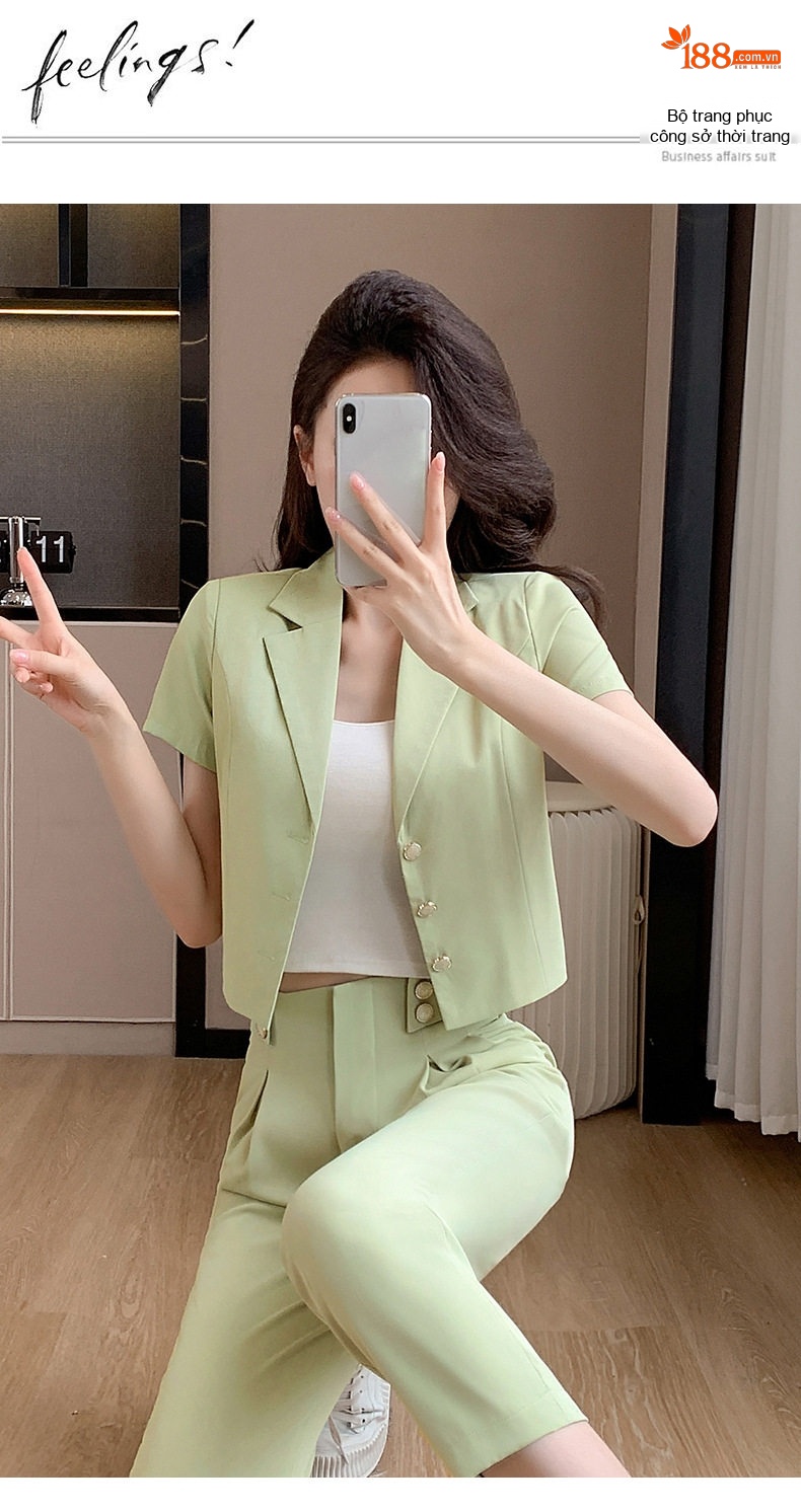 Bộ Vest Công Sở Nữ Tay Ngắn Quần Dài Thanh Lịch Màu Xanh Lá, Tím chi tiết 15