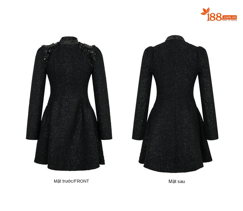 Váy Đầm Nữ dáng chữ A Thu Đông Thiết Kế Pháp Đính Hạt Cườm Lấp Lánh Eo Ôm Phong Cách Hepburn Màu Đen chi tiết 5
