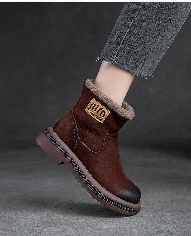 Boot Nữ Ngắn Cổ Lót Lông Giữ Ấm Mùa Đông Chiều Cao Đế Khoảng 3cm Màu Nâu chi tiết 13