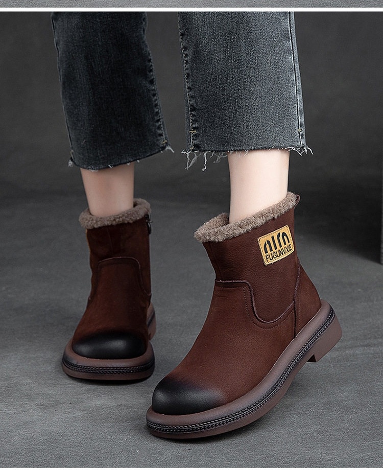 Boot Nữ Ngắn Cổ Lót Lông Giữ Ấm Mùa Đông Chiều Cao Đế Khoảng 3cm Màu Nâu chi tiết 14