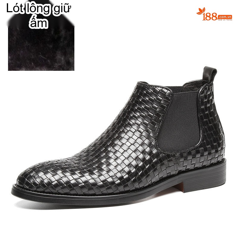 Giày Chelsea Boot Nam Cao Cổ Dệt Chiều Cao Đế Khoảng 3cm Màu Đen, Nâu