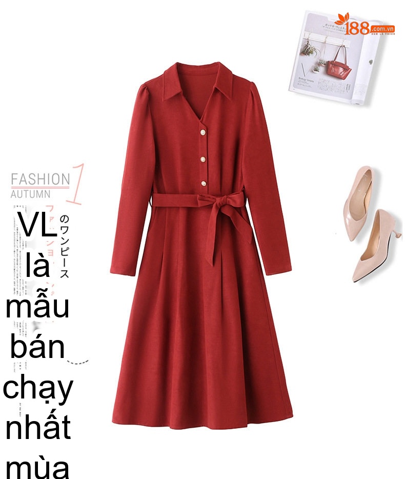 Váy Đầm Nữ dáng chữ A Thắt Eo Tay Dài Phong Cách Hàn Quốc Màu Đỏ chi tiết 4