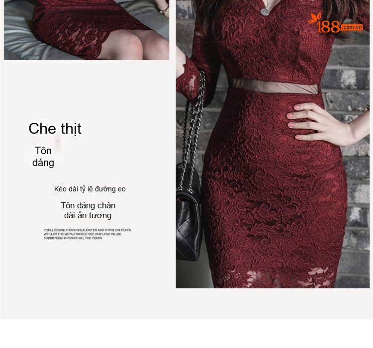 Váy Ôm Body Ren Lưới Hở Eo Cổ chữ V Tay Lỡ Màu Đỏ Rượu Vang chi tiết 3