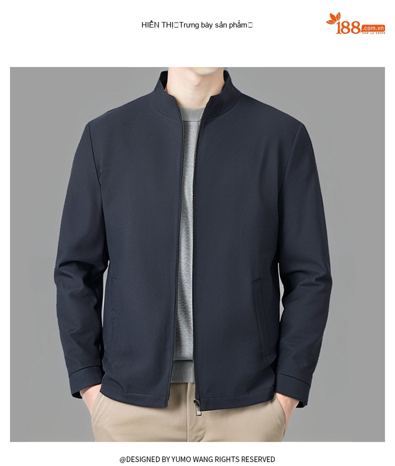Áo Khoác Nam Cổ Trụ Mỏng Nhẹ Kiểu Dáng Ngắn Màu Xanh Navy chi tiết 11