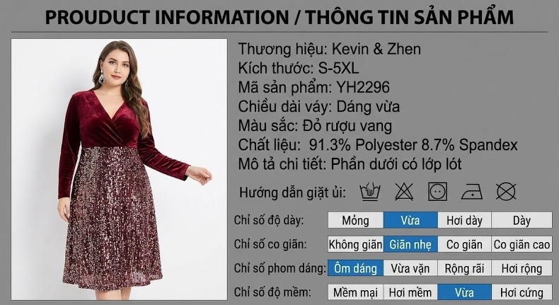 Váy Liền Thân Nữ Nhung Đỏ Rượu Phối Kim Sa Ôm Dáng Chiết Eo Cổ chữ V Tay Dài Thu Đông chi tiết 18