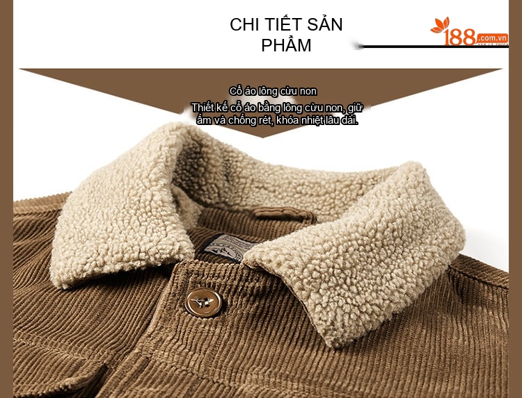 Áo Khoác Bông Nam Cổ Lông Cừu Non Vải Cotton Dày Dặn Màu Nâu, Đen, Xám chi tiết 26