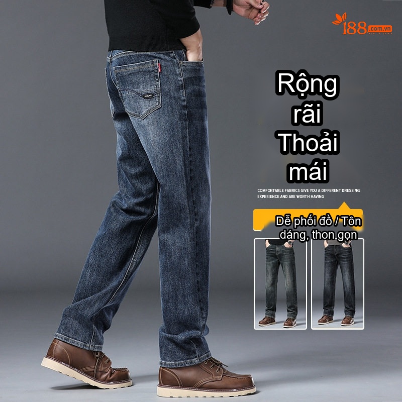 Quần Jean Nam Ống Suông Rộng Co Giãn Thoải Mái Dáng Trung Niên Màu Xanh Đậm, Xanh Nhạt