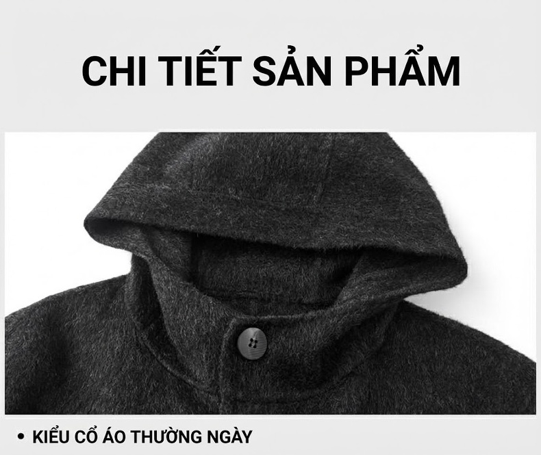 Áo Khoác Dạ Nam Dáng Dài Vừa Mũ Trùm Đầu Cúc Sừng Chất Liệu Lông Cừu 100% Màu Be, Đen, Xám chi tiết 31