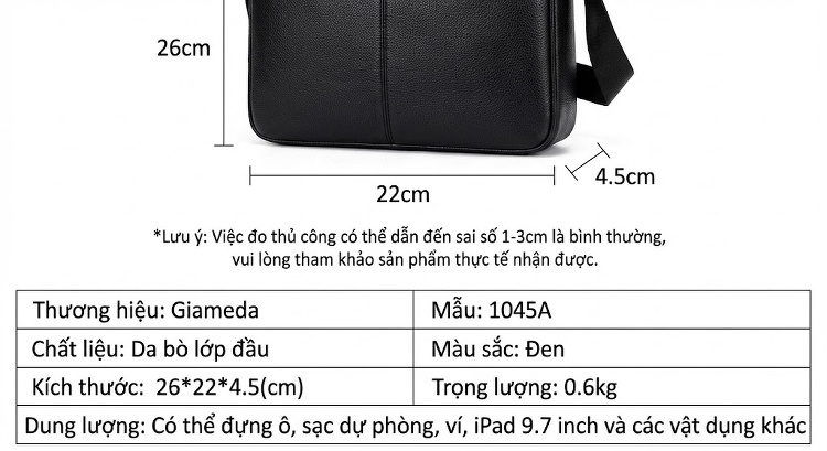 Túi Đeo Chéo Nam Da Thật Đựng Vừa Ipad Chống Nước Màu Đen chi tiết 10